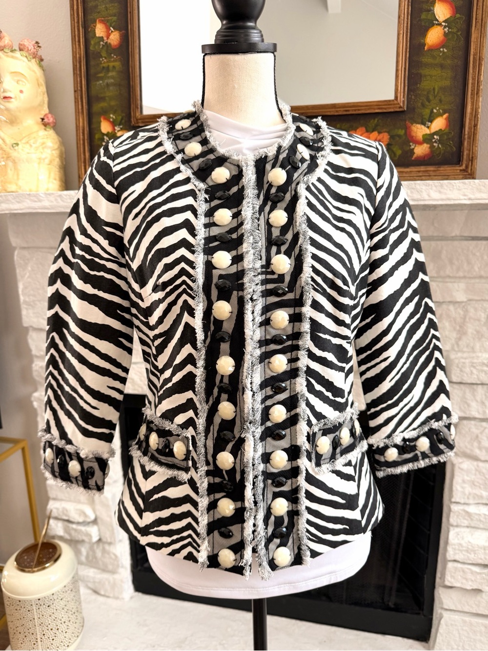 BEREK Zebra Print Beaded Mesh Statement Jacket Size S